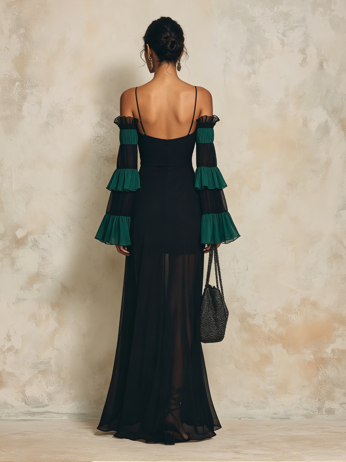 Women’s Black Romantic Mesh Off-Shoulder Bell Sleeve Regular Maxi Daily Dress
