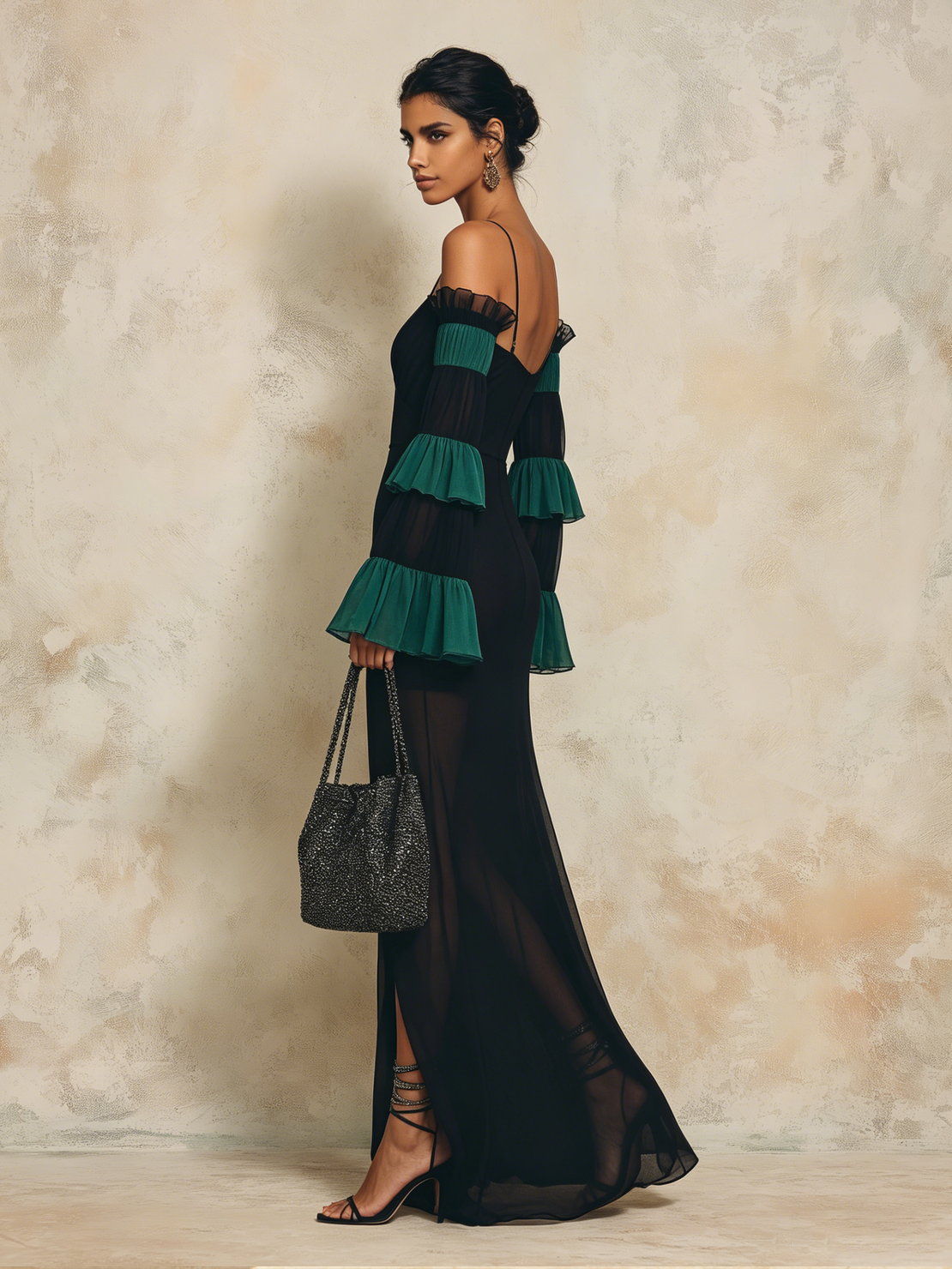 Women’s Black Romantic Mesh Off-Shoulder Bell Sleeve Regular Maxi Daily Dress