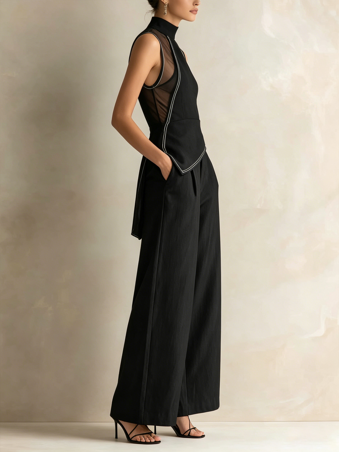 Women’s Black Sheer Mesh Mock Neck Asymmetric Peplum Top Pleated High Waist Tailored Wide Leg Pants Set