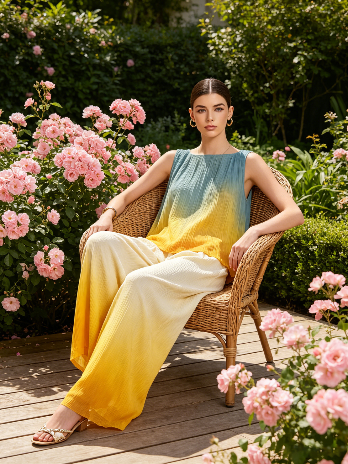 Women’s Sunset Blue Yellow Ombre Plissé Sleeveless Boat Neck Carop Top High Waist Pleated Wide Leg Pants Set
