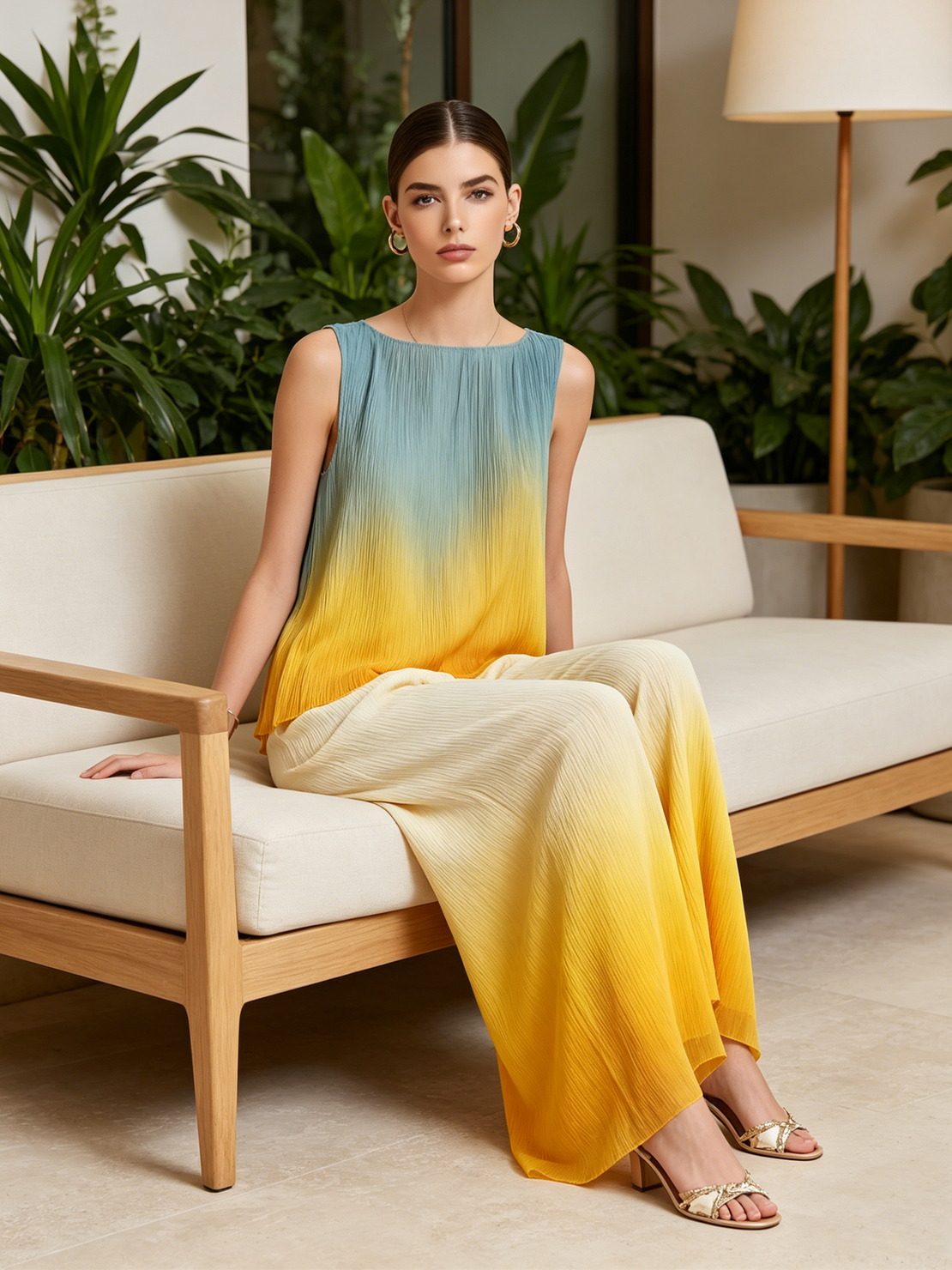 Women’s Sunset Blue Yellow Ombre Plissé Sleeveless Boat Neck Carop Top High Waist Pleated Wide Leg Pants Set