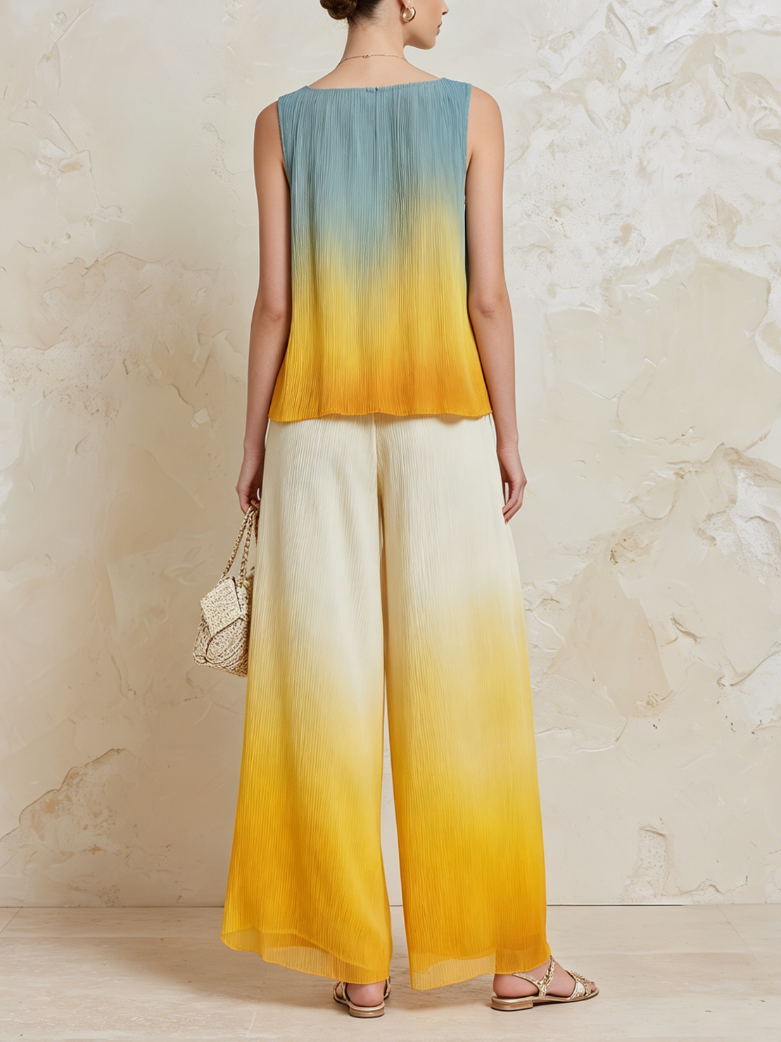 Women’s Sunset Blue Yellow Ombre Plissé Sleeveless Boat Neck Carop Top High Waist Pleated Wide Leg Pants Set