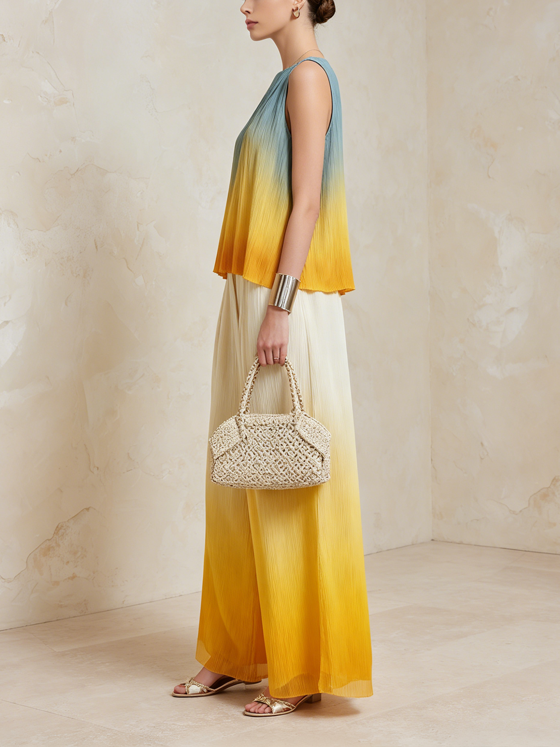 Women’s Sunset Blue Yellow Ombre Plissé Sleeveless Boat Neck Carop Top High Waist Pleated Wide Leg Pants Set