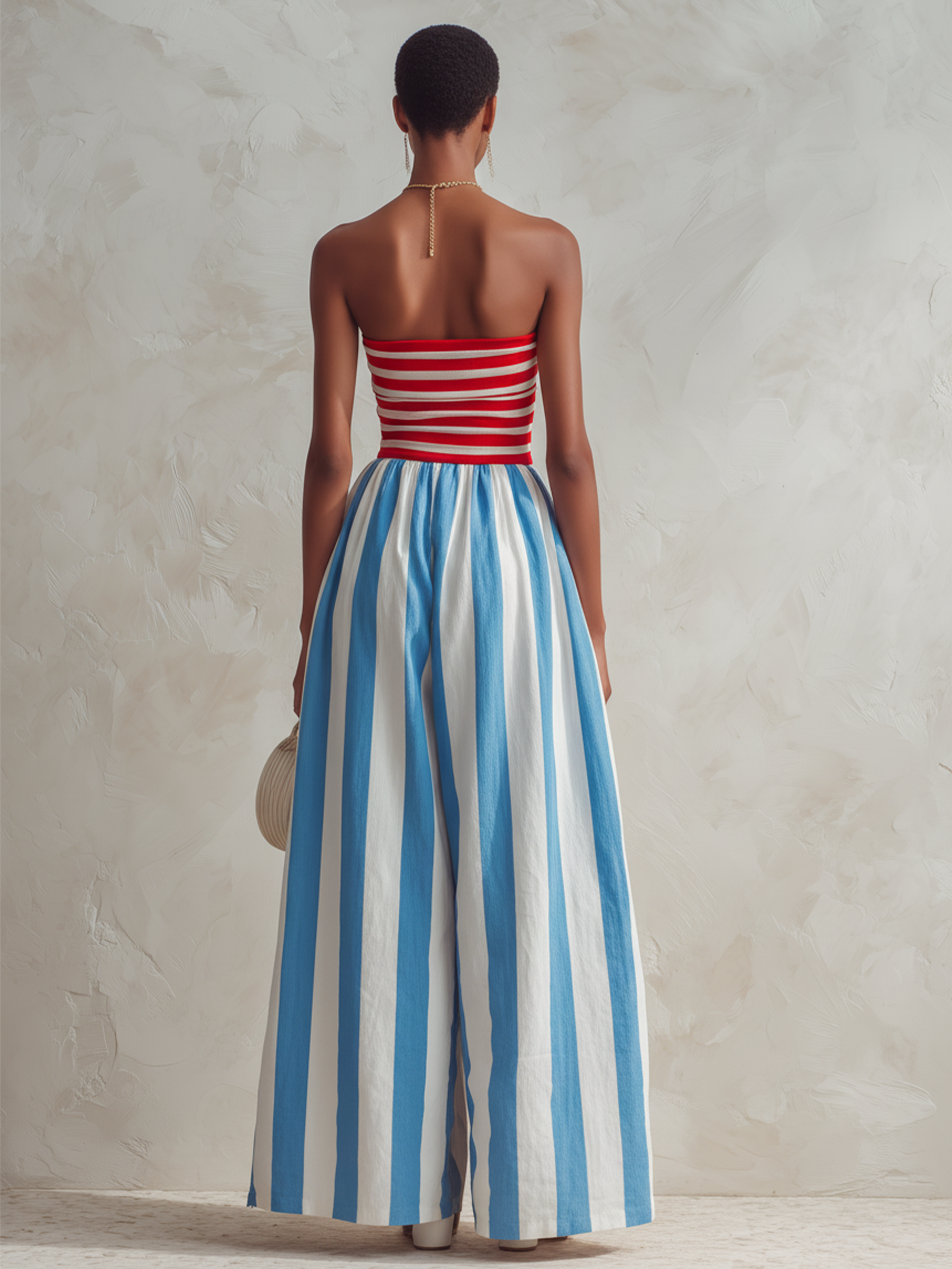 Red & White Striped Strapless Top With Blue & White Striped Wide-Leg Jumpsuit