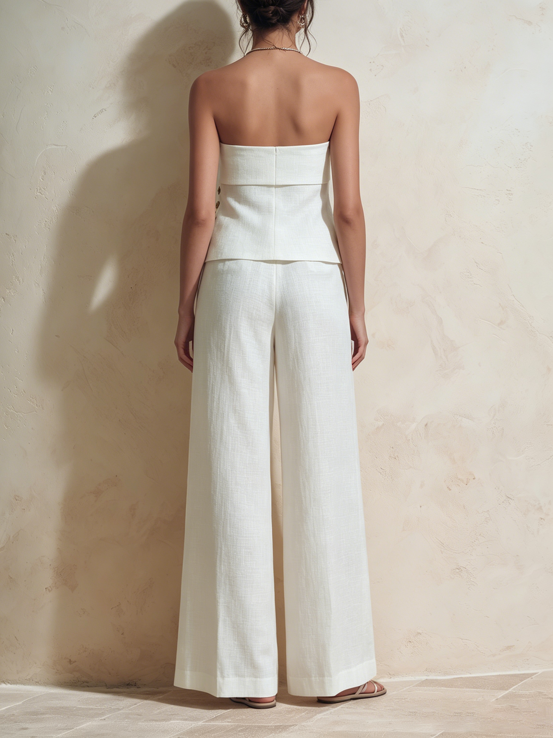 Women’s White Textured Linen-Blend Layered Strapless Tube Top Gold Button High Waist Pleated Wide Leg Pants Set