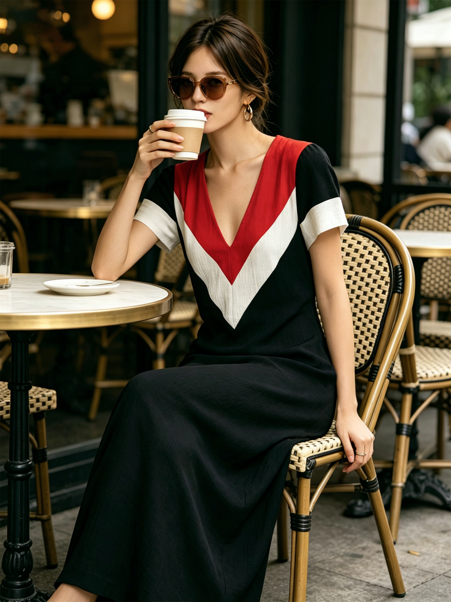 Women’s Black Red White Minimalist Linen Blend V-Neck Short Sleeve Fitted Maxi Dress with Color Block Panels