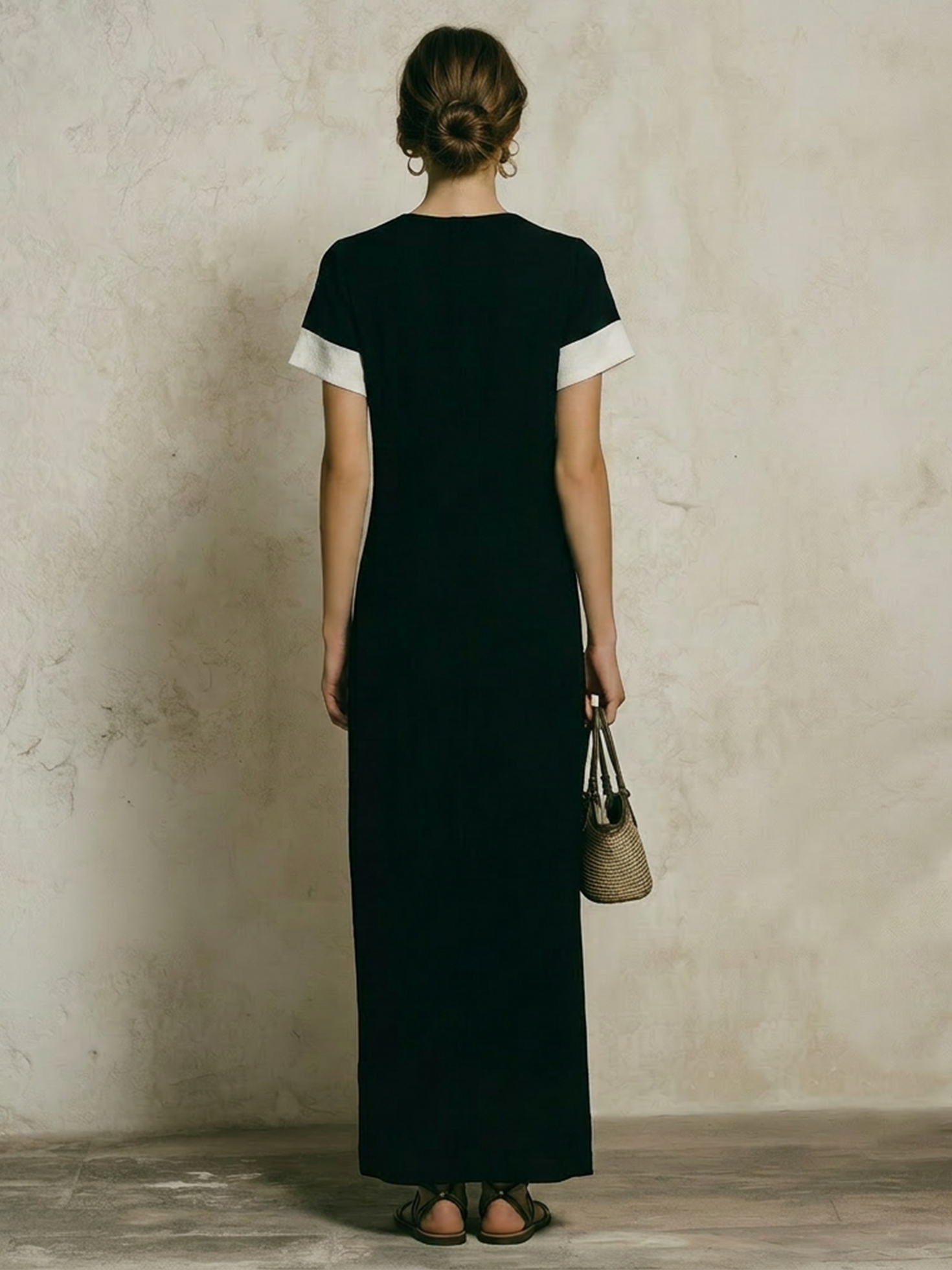 Women’s Black Red White Minimalist Linen Blend V-Neck Short Sleeve Fitted Maxi Dress with Color Block Panels
