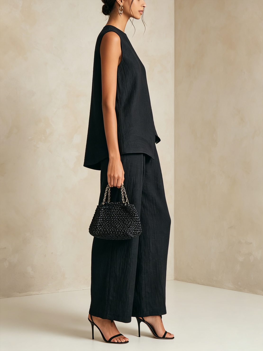 Women’s Black Crinkle Textured Linen-Blend Round Neck Asymmetric Hem Top High Waist Wide Leg Pants Set