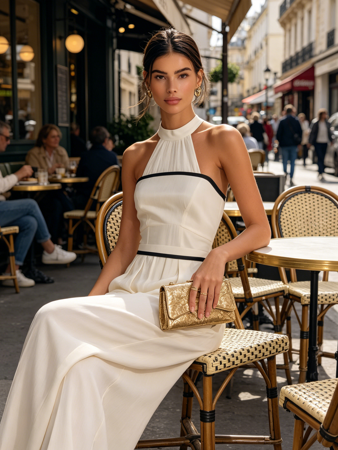 Women’s Cream Pleated Halter Neck Black Contrast Trim High Waist Wide Leg Jumpsuit