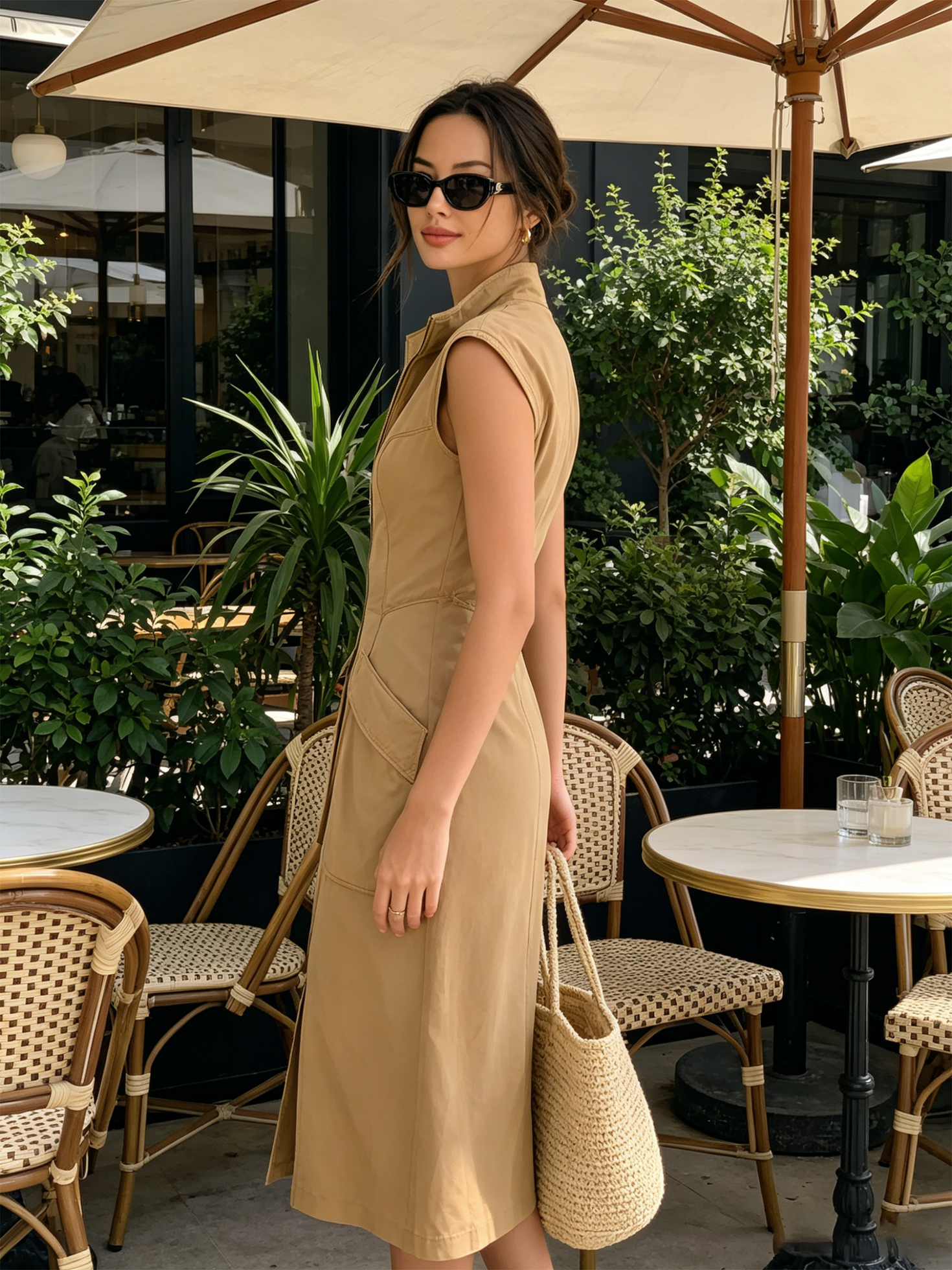 Women’s Khaki Utility Cotton Blend Stand Collar Cap Sleeve Fitted Midi Dress with Front Zip and Patch Pockets