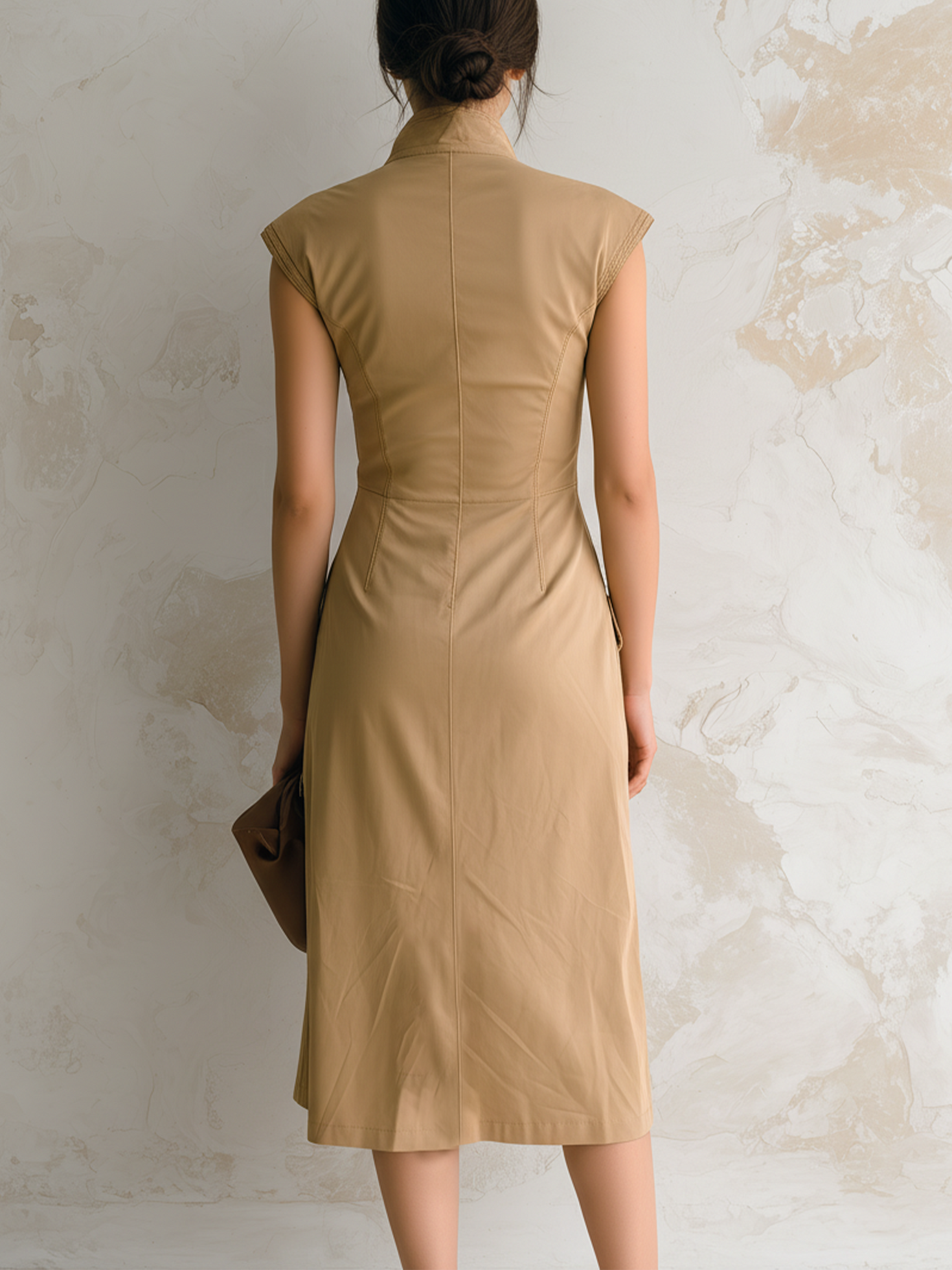 Women’s Khaki Utility Cotton Blend Stand Collar Cap Sleeve Fitted Midi Dress with Front Zip and Patch Pockets