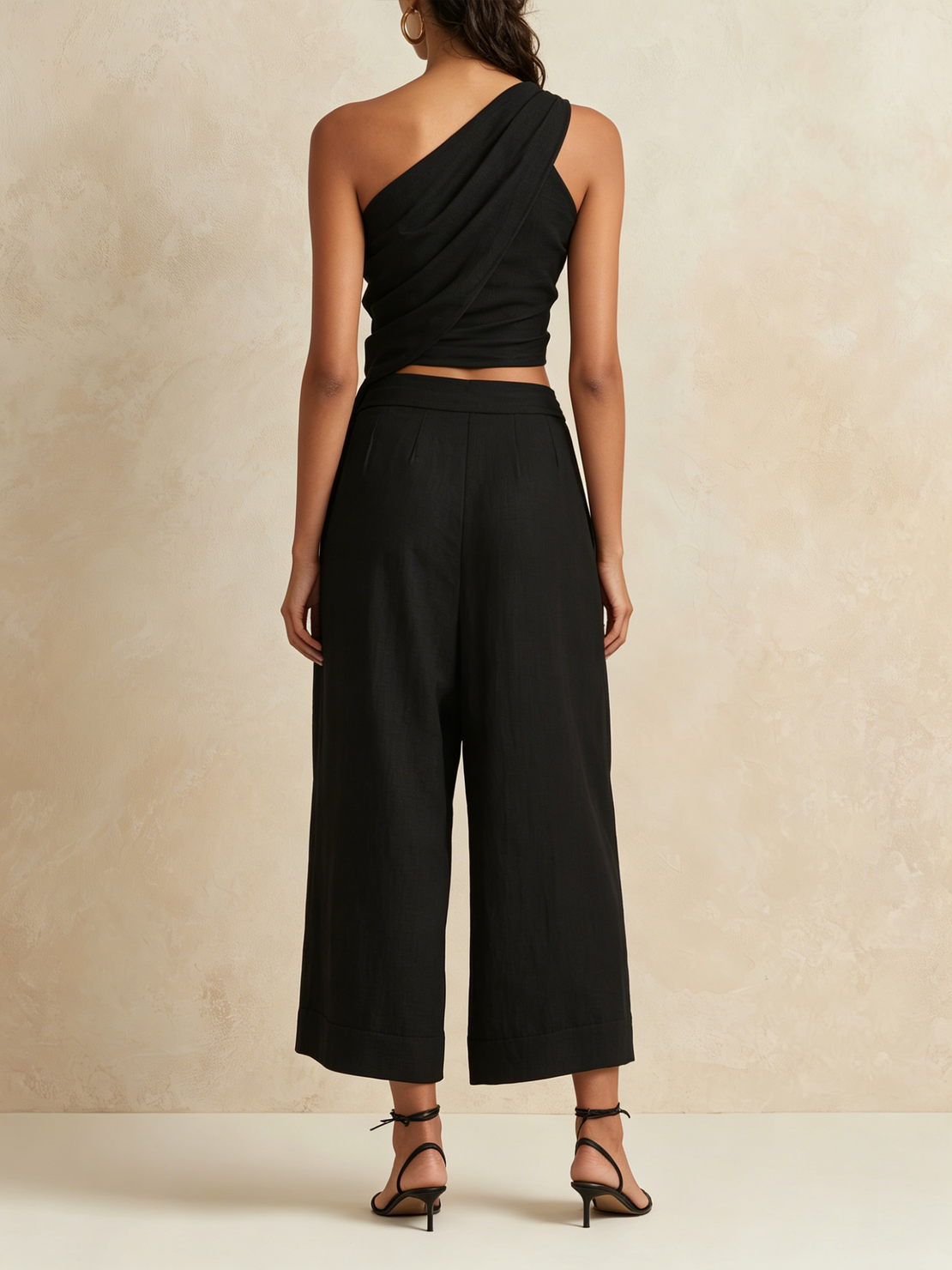 Women’s Black Asymmetric One Shoulder Cutout Draped Top Pleated High Waist Culotte Pants Set