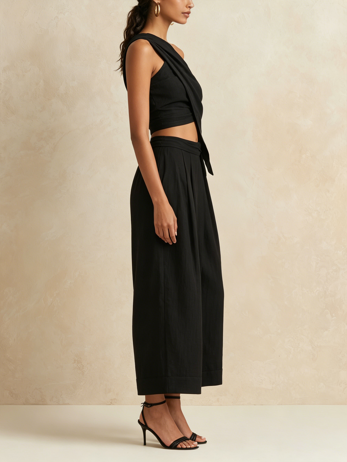 Women’s Black Asymmetric One Shoulder Cutout Draped Top Pleated High Waist Culotte Pants Set