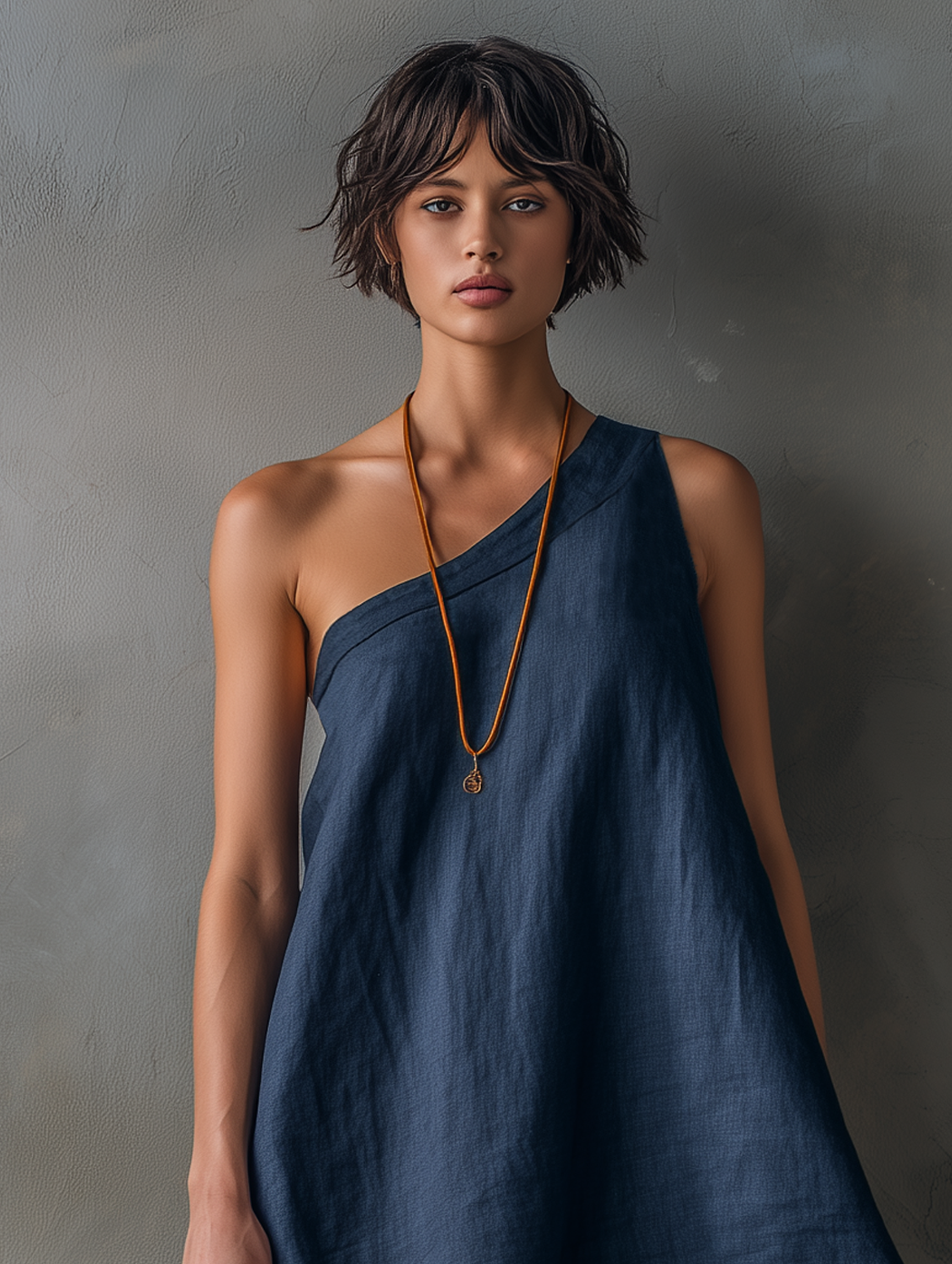 Women’s Navy Minimalist Linen-Blend One-Shoulder Sleeveless Regular Mini Daily Dress
