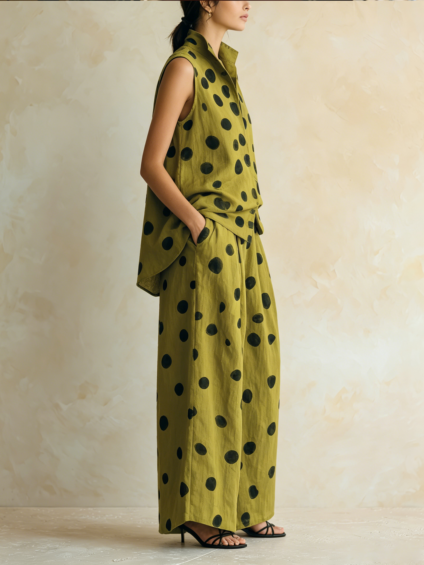 Women’s Olive Bohemian Linen Blend Stand Collar Sleeveless Relaxed Full-Length Wide-Leg Pants Set with Polka Dot Print
