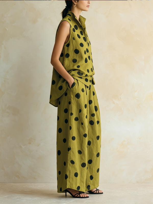Women’s Olive Bohemian Linen Blend Stand Collar Sleeveless Relaxed Full-Length Wide-Leg Pants Set with Polka Dot Print