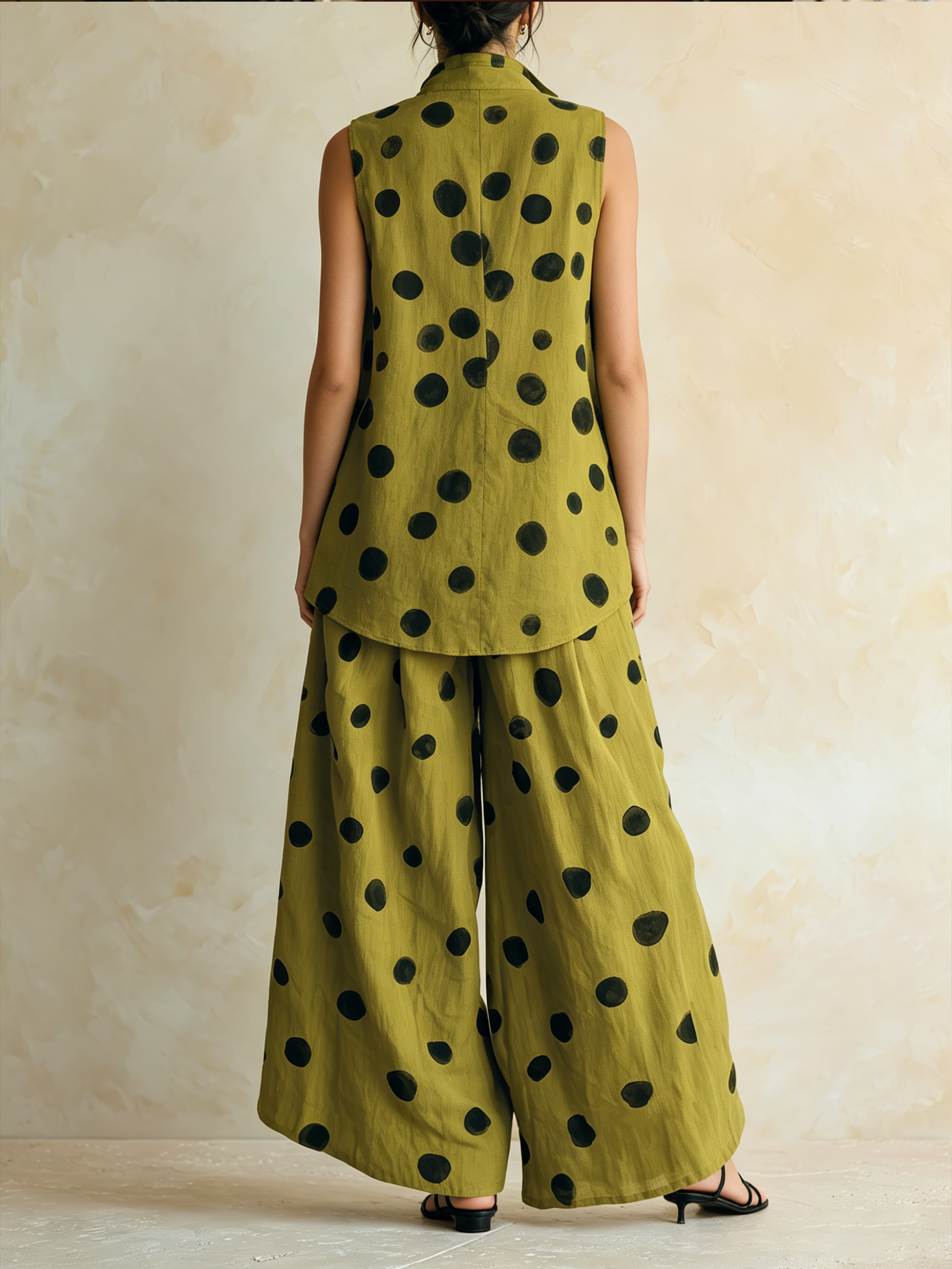 Women’s Olive Bohemian Linen Blend Stand Collar Sleeveless Relaxed Full-Length Wide-Leg Pants Set with Polka Dot Print