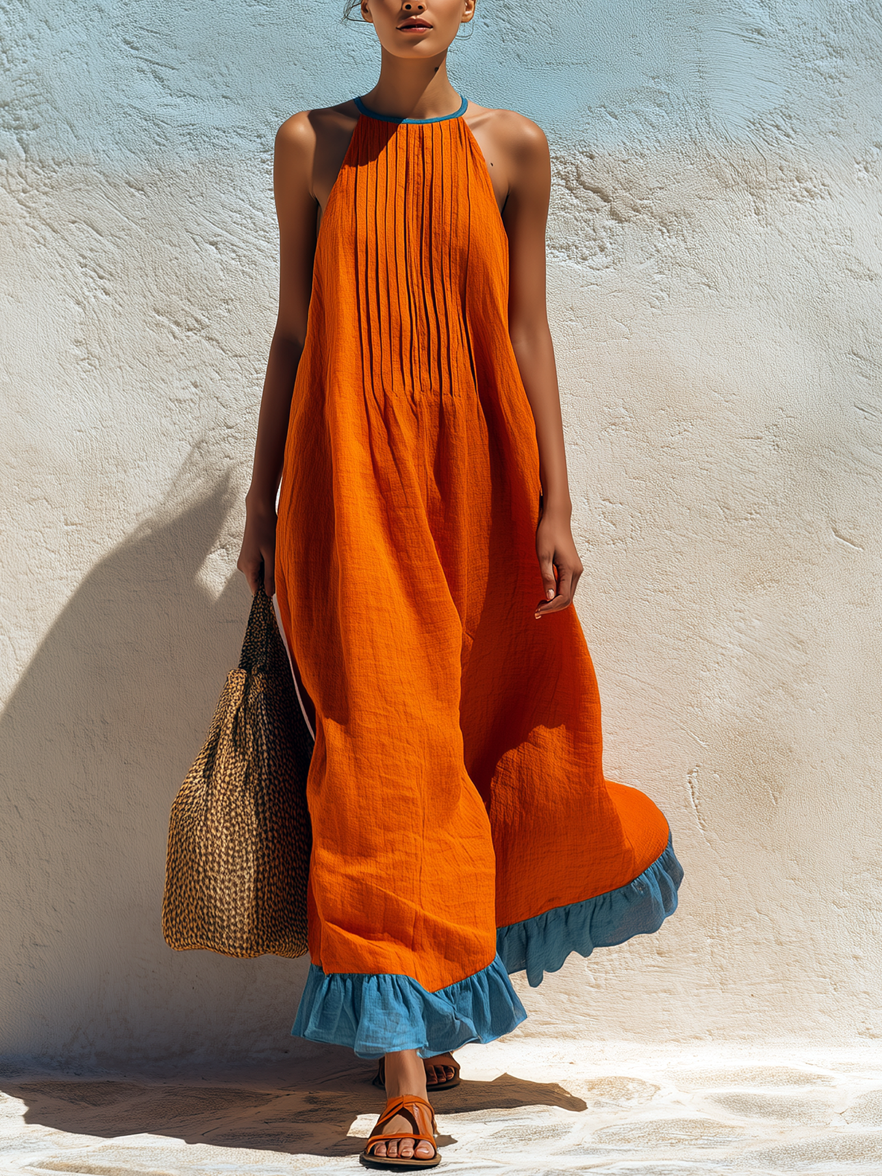 Orange & Blue Halter Neck Pleated Maxi Dress With Ruffle Hem