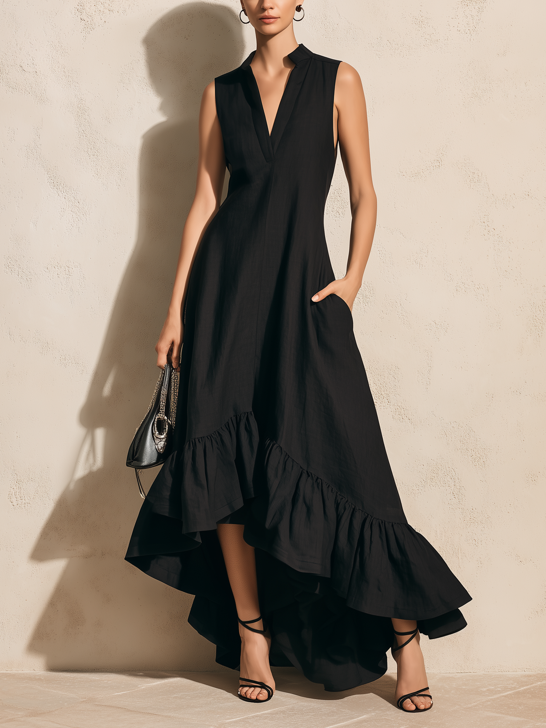 Women’s Black Minimalist Linen-Blend Stand Collar Sleeveless A-Line High-Low Maxi Dress With Ruffle Hem & Side Pockets