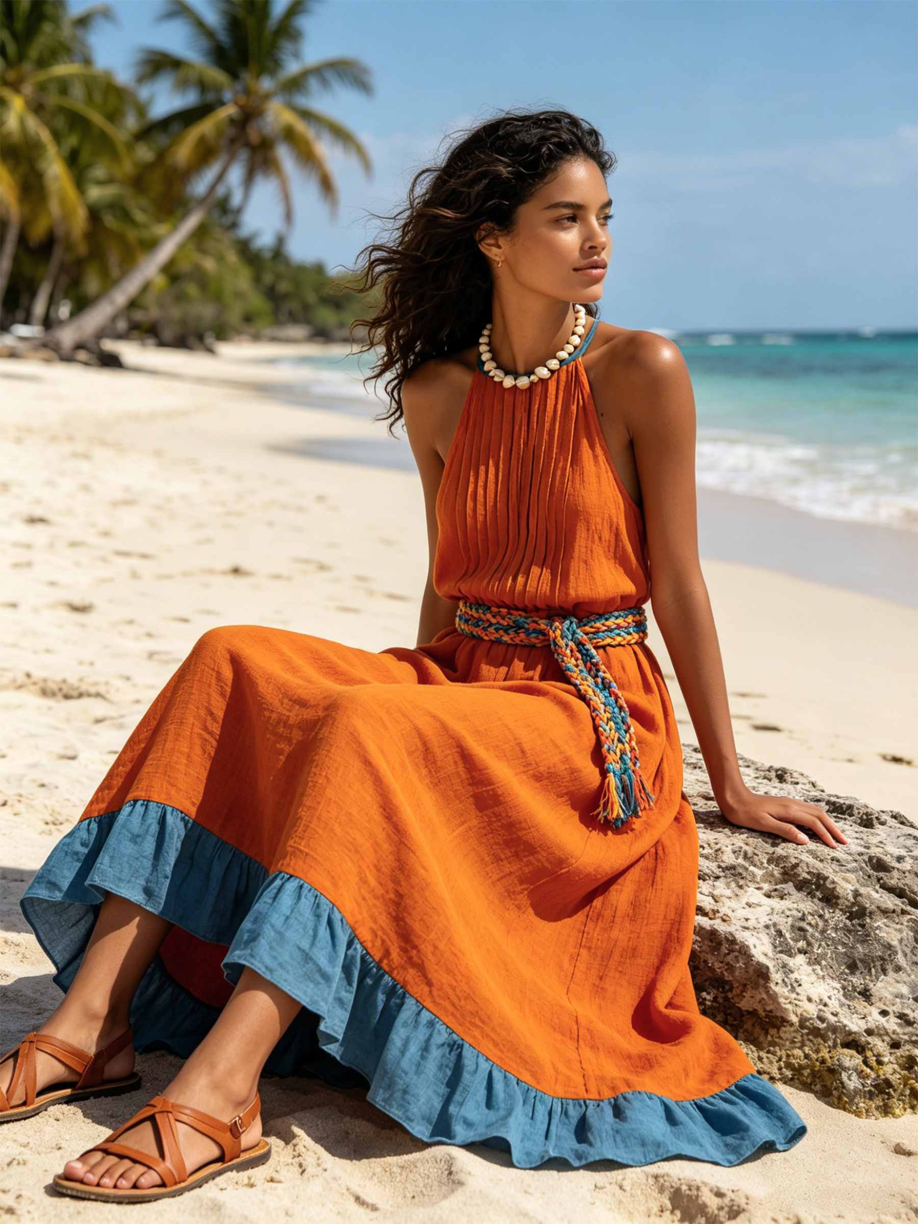 Orange & Blue Halter Neck Pleated Maxi Dress With Ruffle Hem