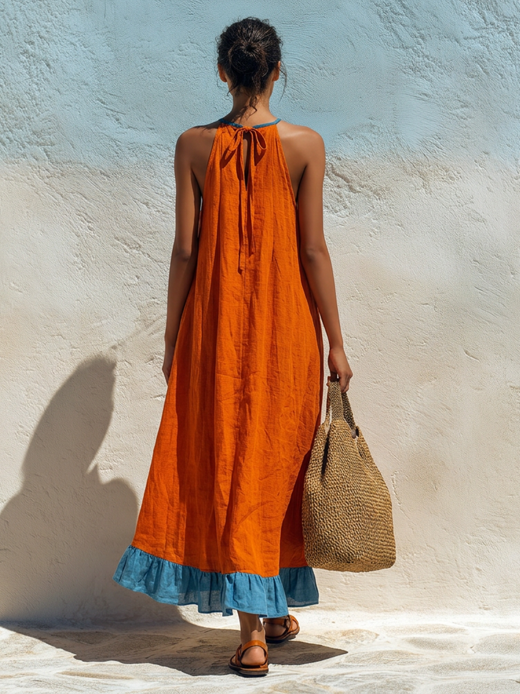 Orange & Blue Halter Neck Pleated Maxi Dress With Ruffle Hem
