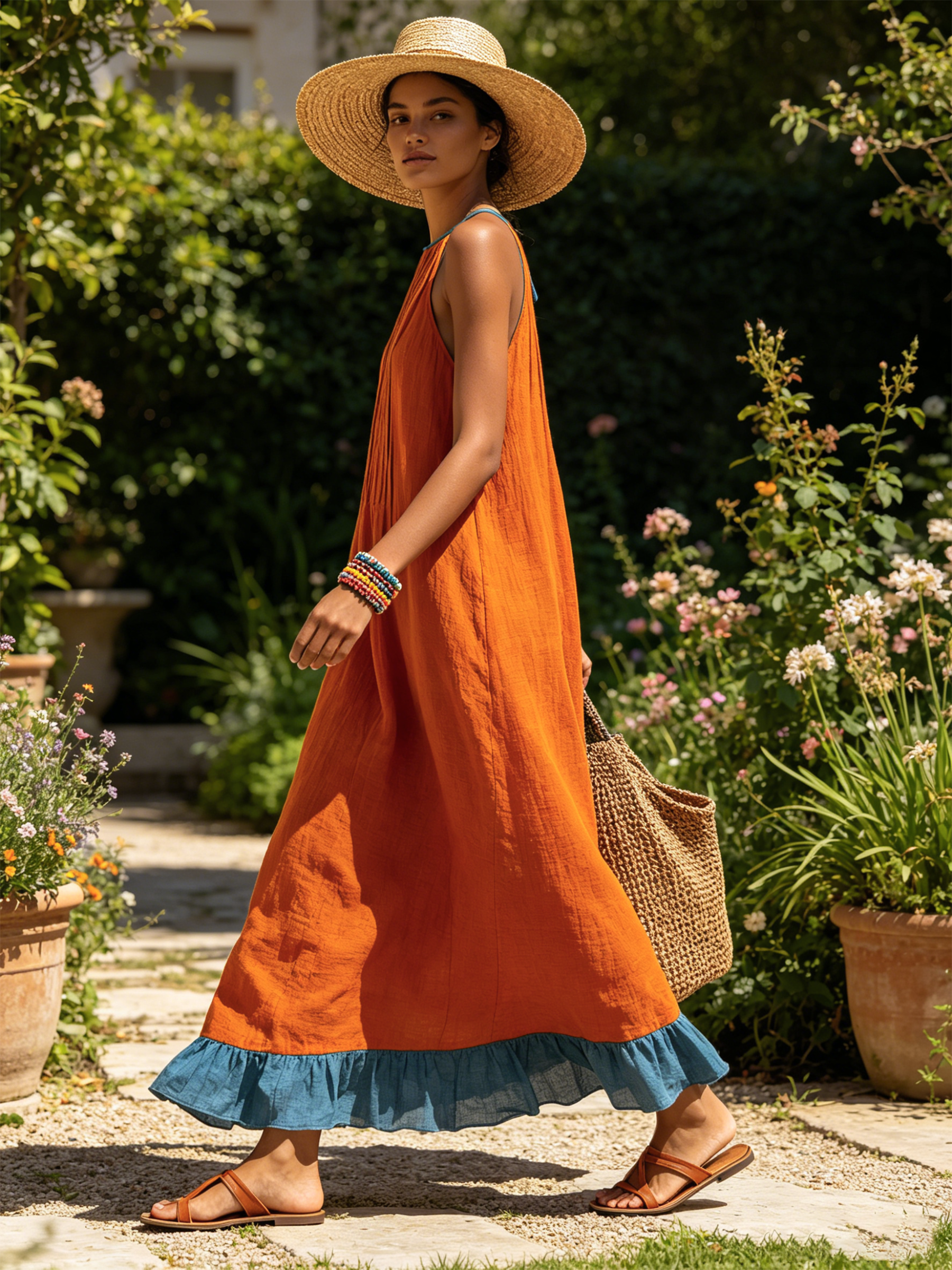 Orange & Blue Halter Neck Pleated Maxi Dress With Ruffle Hem