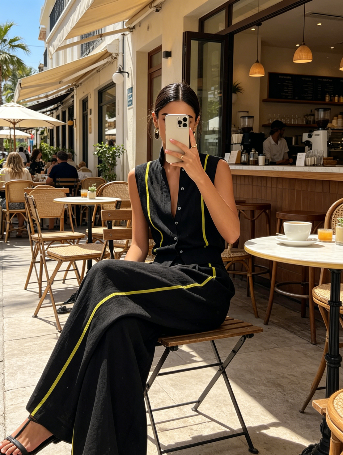 Women’s Black Neon Yellow Contrast Linen-Blend Stand Collar Sleeveless Vest Pleated High Waist Wide Leg Pants Set