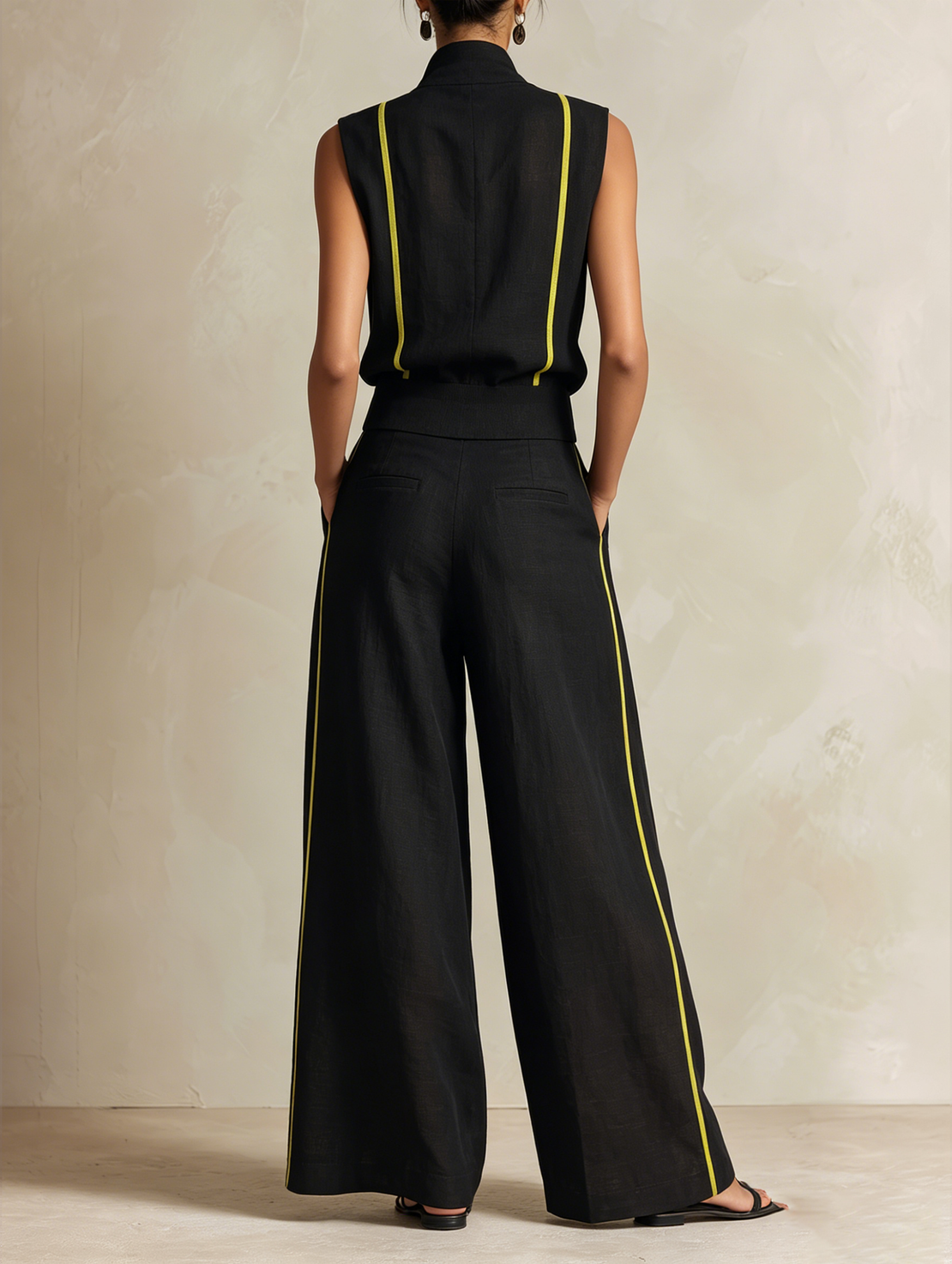 Women’s Black Neon Yellow Contrast Linen-Blend Stand Collar Sleeveless Vest Pleated High Waist Wide Leg Pants Set