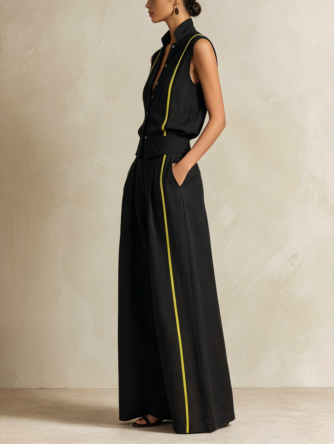 Women’s Black Neon Yellow Contrast Linen-Blend Stand Collar Sleeveless Vest Pleated High Waist Wide Leg Pants Set