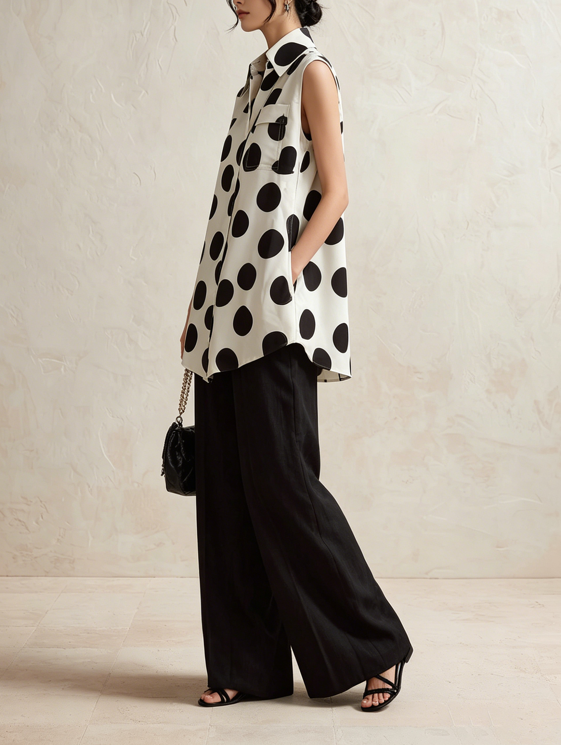 Women’s Black Textured Linen-Blend High Waist Relaxed Straight Wide Leg Trousers Pants Set