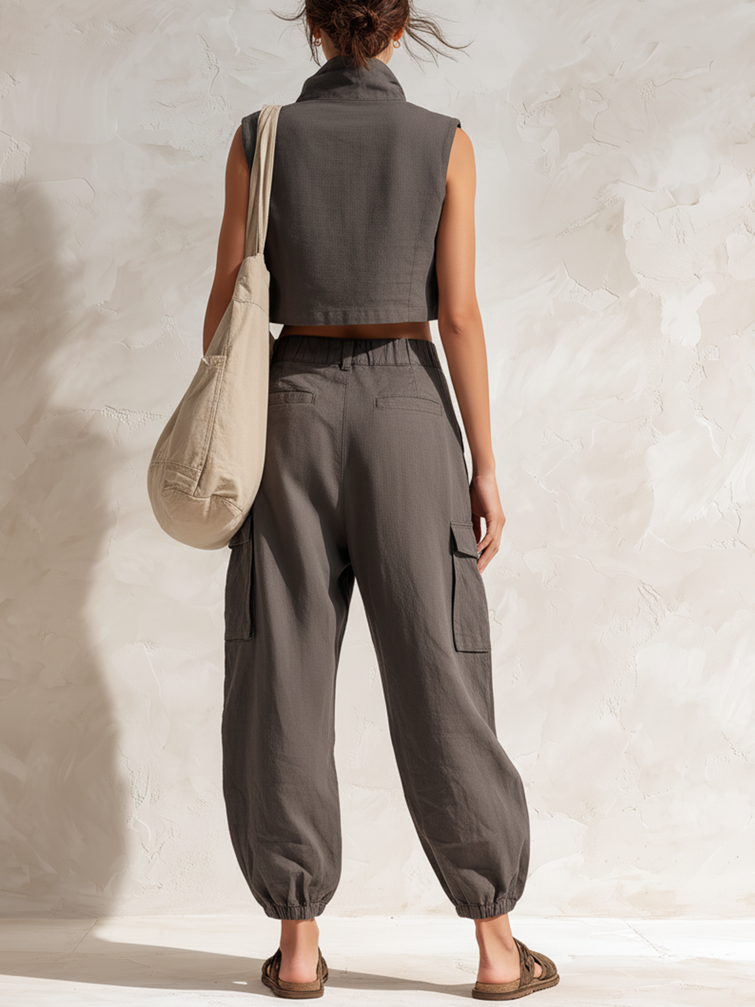 Women’s Charcoal Gray Utility Cotton Blend Stand Collar Sleeveless Relaxed Full-Length Cargo Pants Set with Cropped Vest