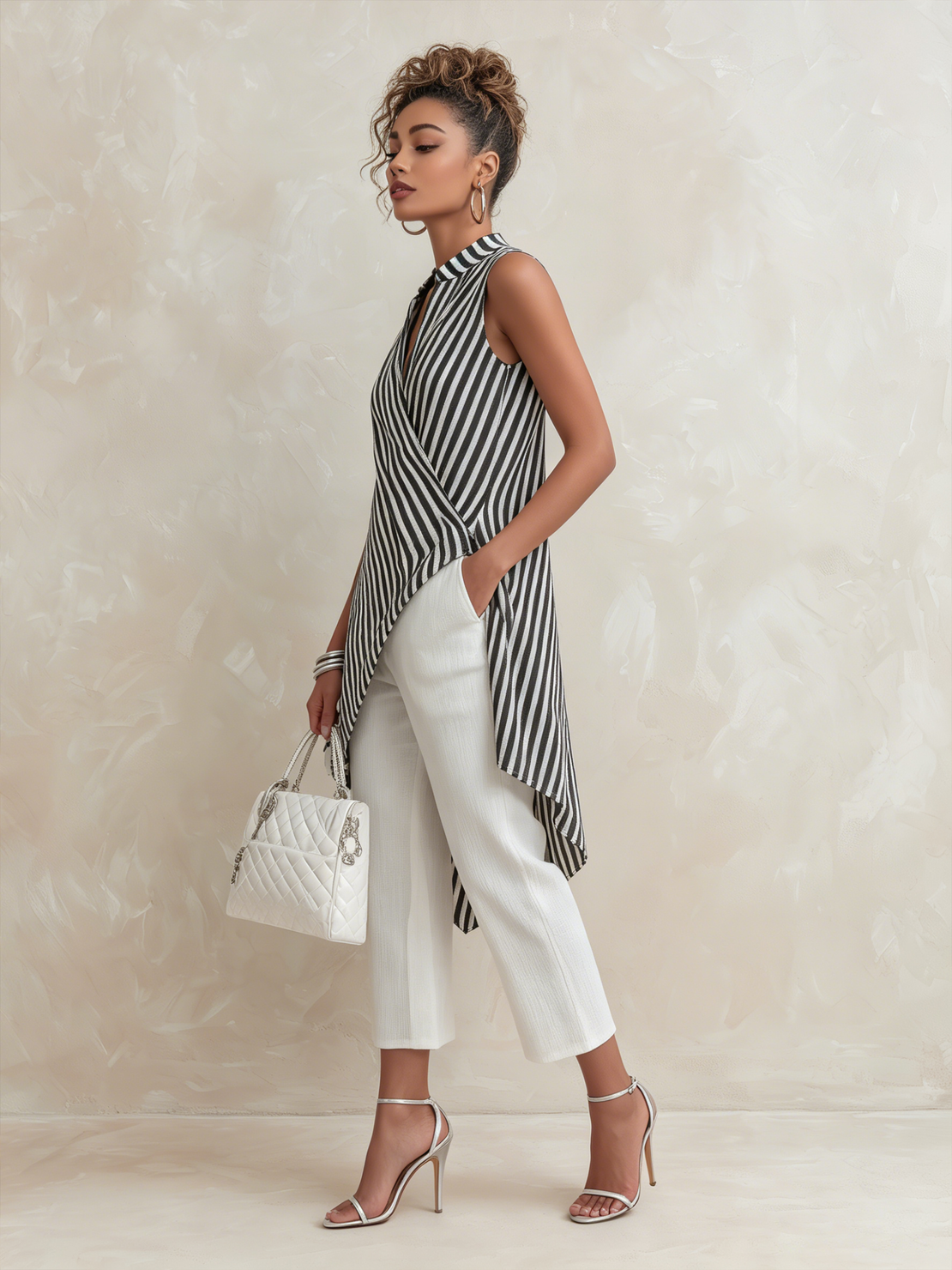 Women’s Black White Vertical Striped Stand Collar Asymmetric Wrap Top Solid White Cropped Culottes Pants Set