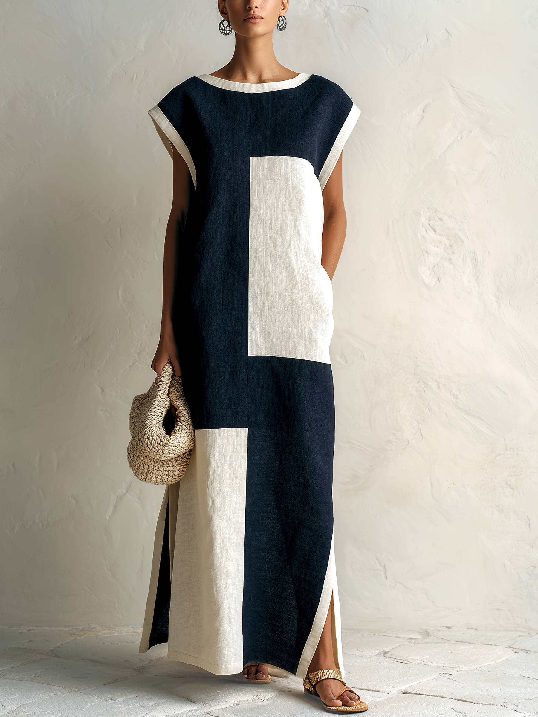 Women’s Navy Off-White Minimalist Linen-Cotton Blend Round Neck Cap Sleeve Loose Maxi Dress with Color Block and Side Split