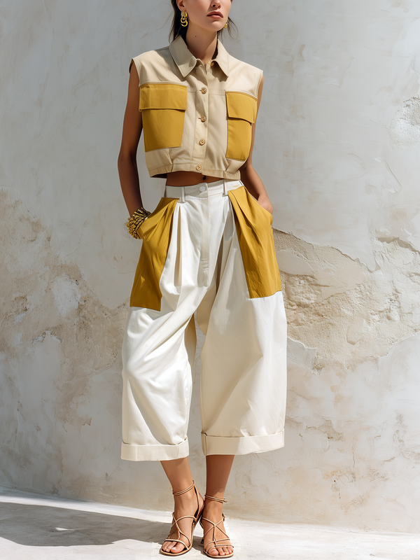 Women’s Beige Mustard Utility Cotton Blend Lapel Collar Sleeveless Regular Cropped Wide-Leg Pants Set with Cropped Vest
