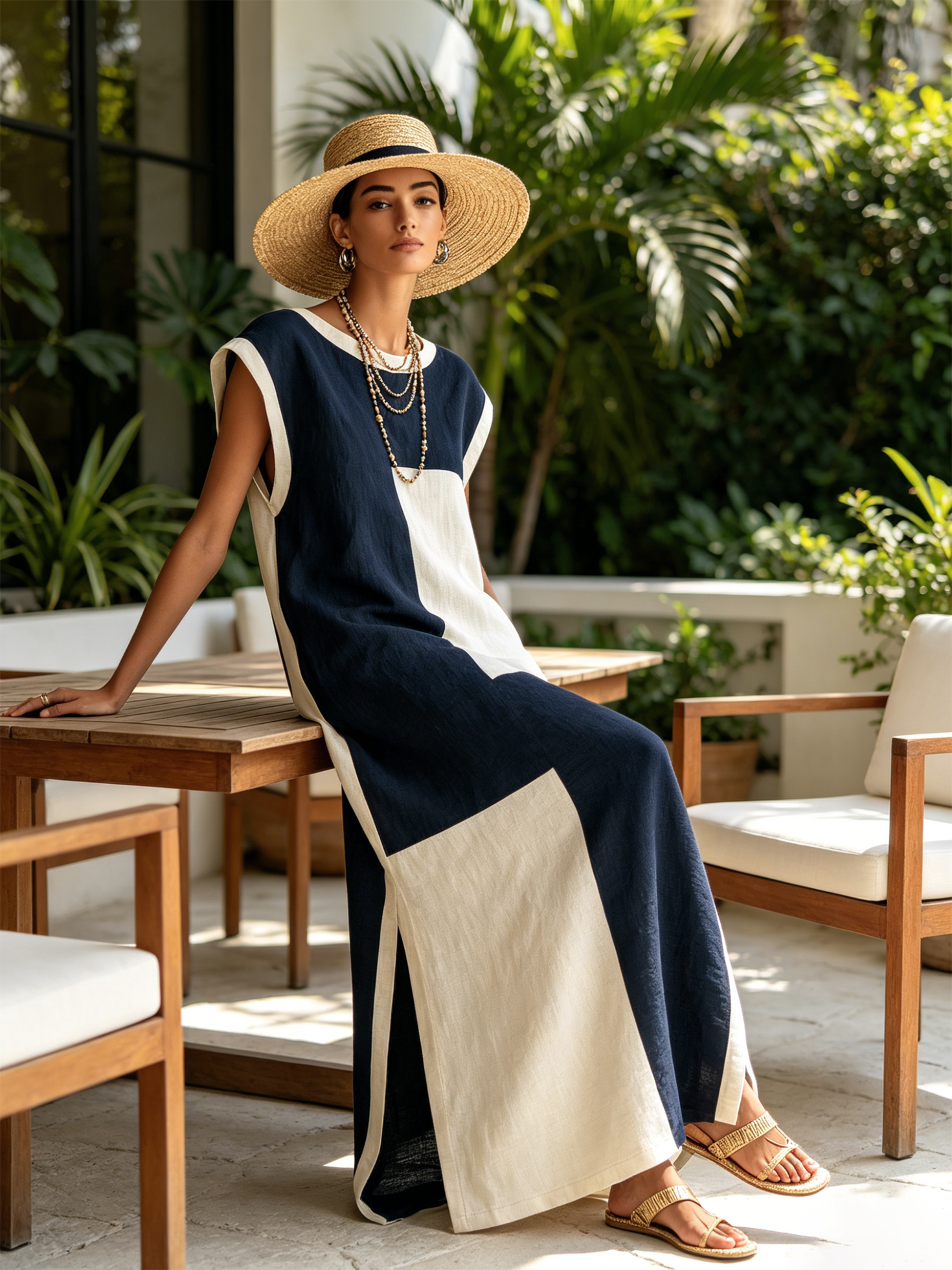 Women’s Navy Off-White Minimalist Linen-Cotton Blend Round Neck Cap Sleeve Loose Maxi Dress with Color Block and Side Split