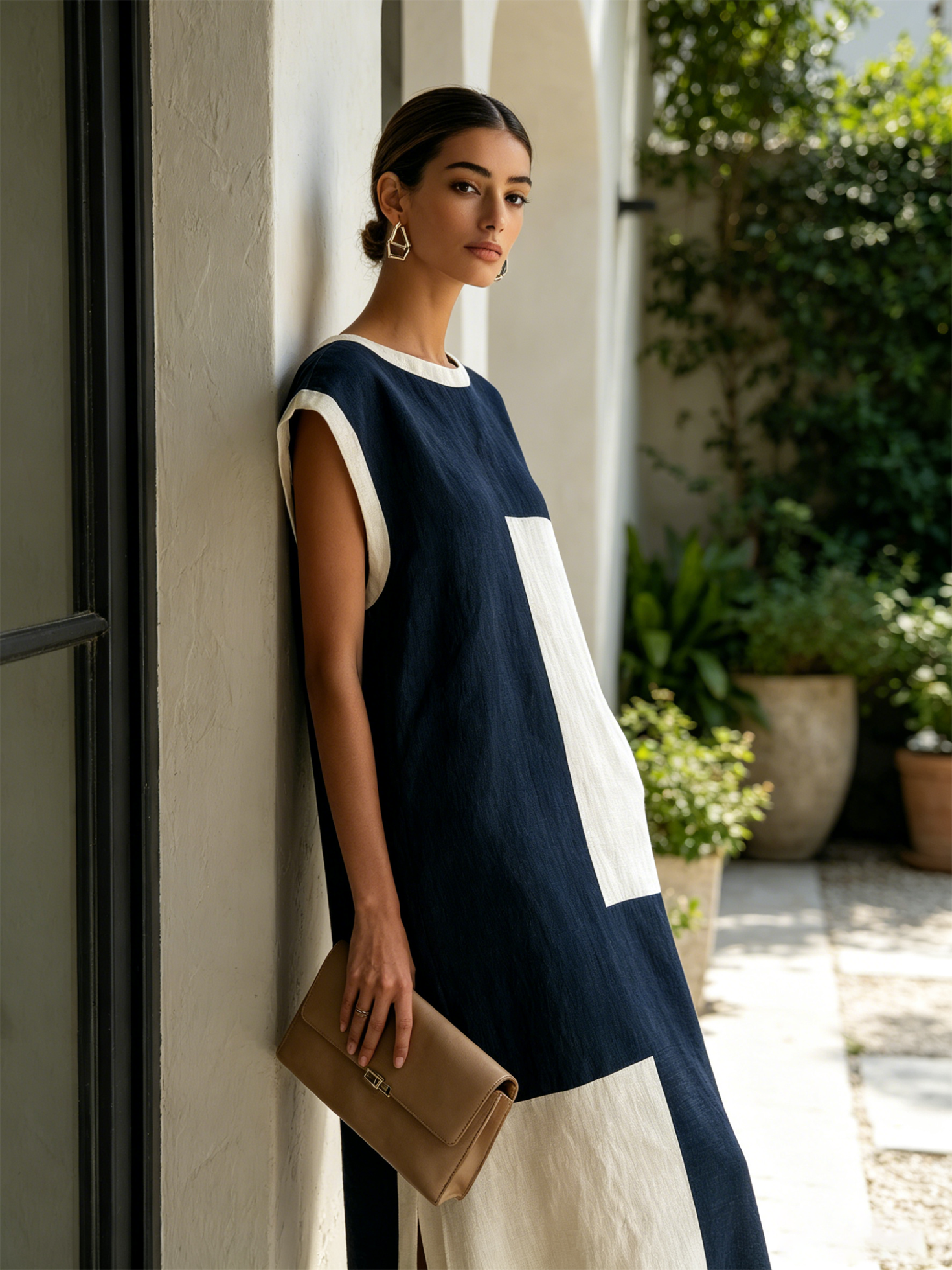 Women’s Navy Off-White Minimalist Linen-Cotton Blend Round Neck Cap Sleeve Loose Maxi Dress with Color Block and Side Split