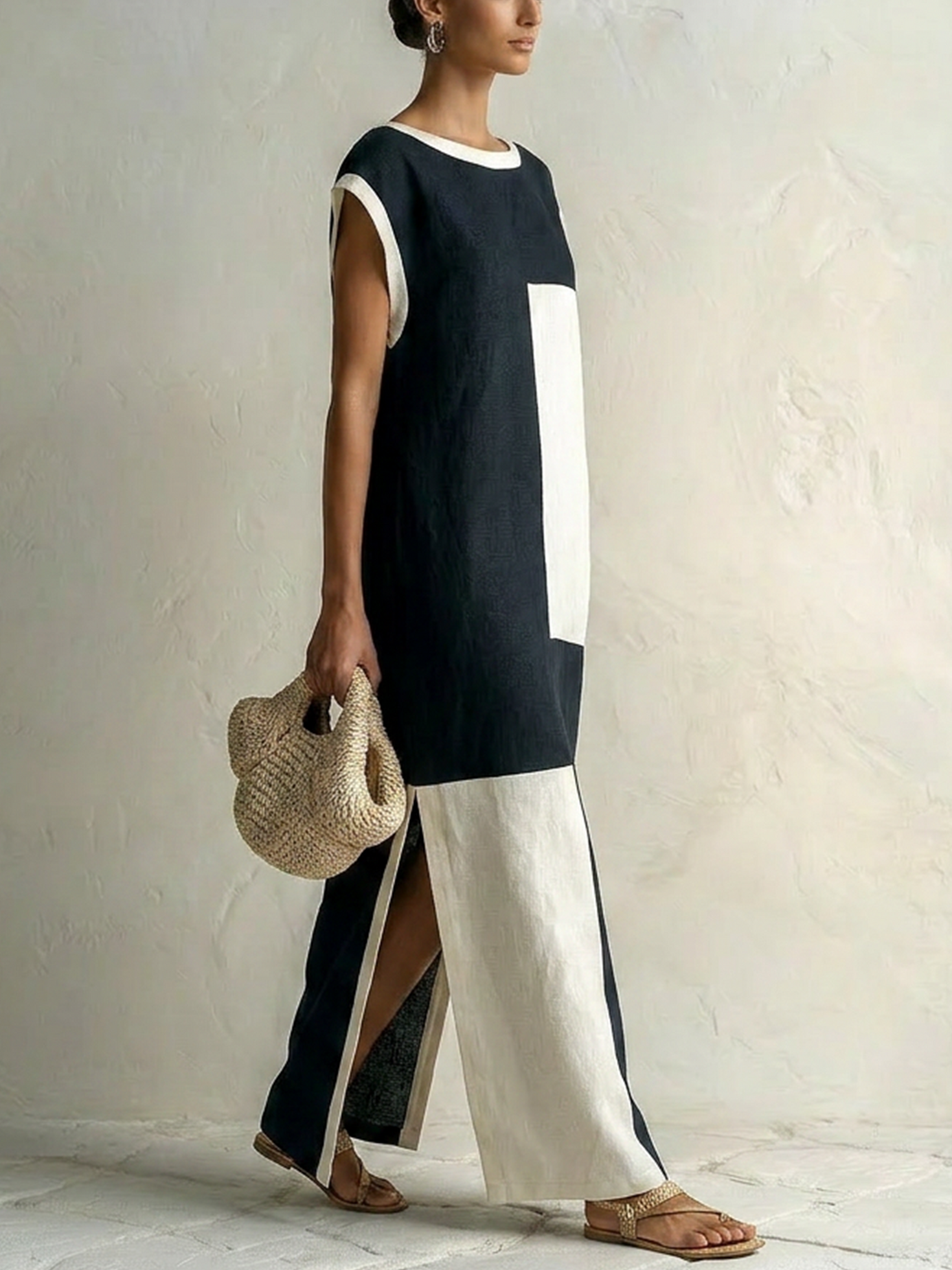 Women’s Navy Off-White Minimalist Linen-Cotton Blend Round Neck Cap Sleeve Loose Maxi Dress with Color Block and Side Split