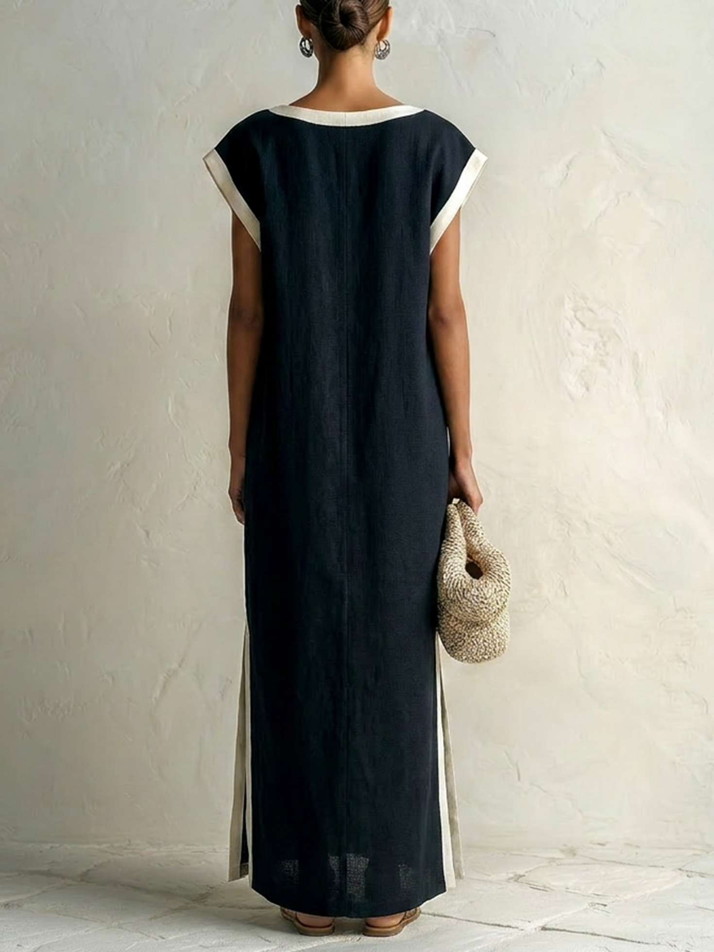 Women’s Navy Off-White Minimalist Linen-Cotton Blend Round Neck Cap Sleeve Loose Maxi Dress with Color Block and Side Split