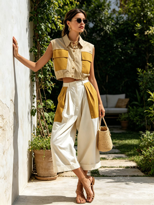 Women’s Beige Mustard Utility Cotton Blend Lapel Collar Sleeveless Regular Cropped Wide-Leg Pants Set with Cropped Vest