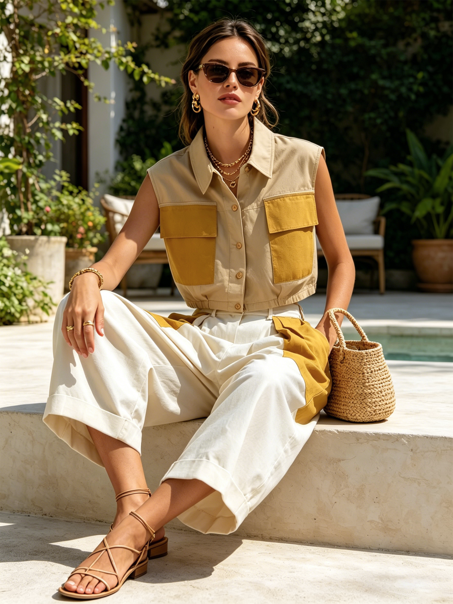 Women’s Beige Mustard Utility Cotton Blend Lapel Collar Sleeveless Regular Cropped Wide-Leg Pants Set with Cropped Vest
