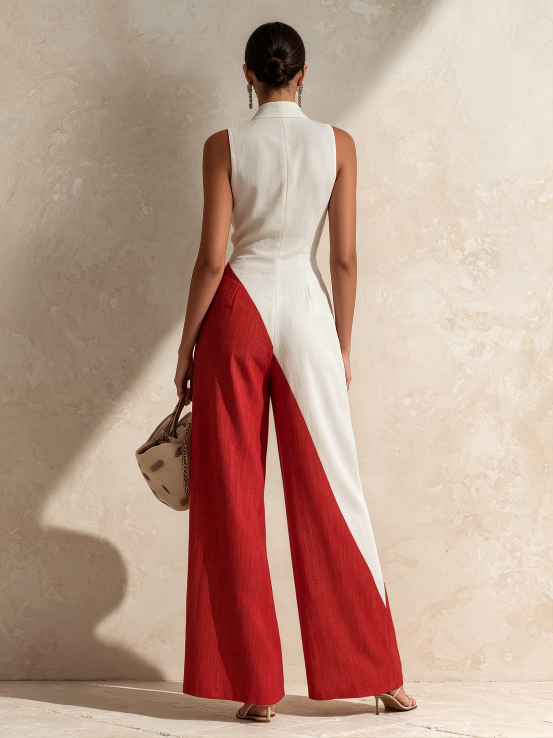 Women’s Two-Tone White Red Color Block Linen Sleeveless Stand Collar Wrap V Neck Pleated Waist Full Length Wide Leg Jumpsuit