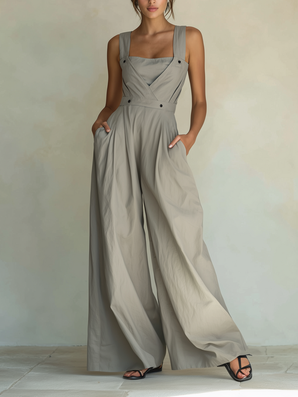 Women’s Gray Resort Cotton Blend Square Neck Sleeveless Regular Full-Length Wide-Leg Overall Jumpsuit with Button Belt