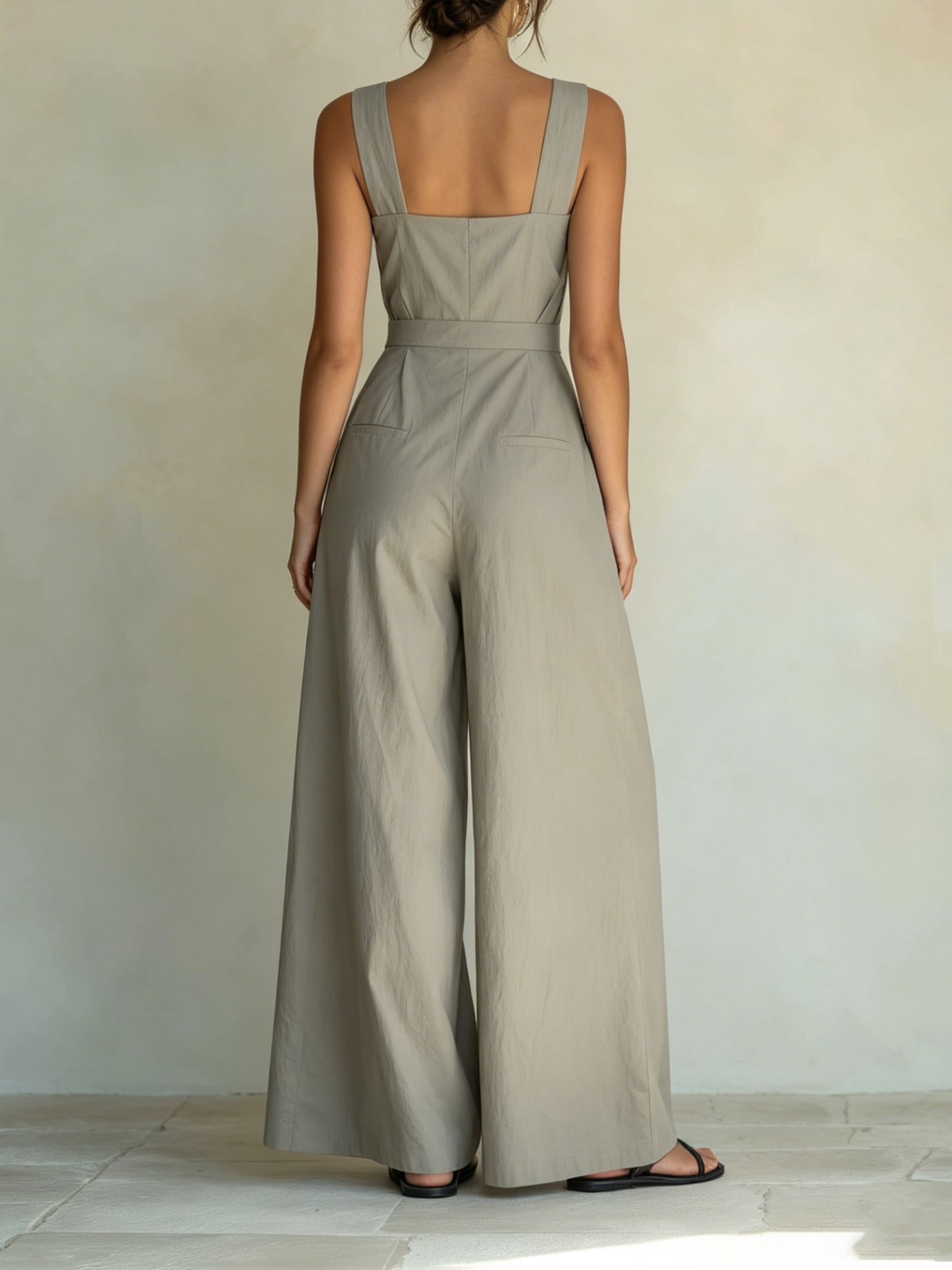 Women’s Gray Resort Cotton Blend Square Neck Sleeveless Regular Full-Length Wide-Leg Overall Jumpsuit with Button Belt