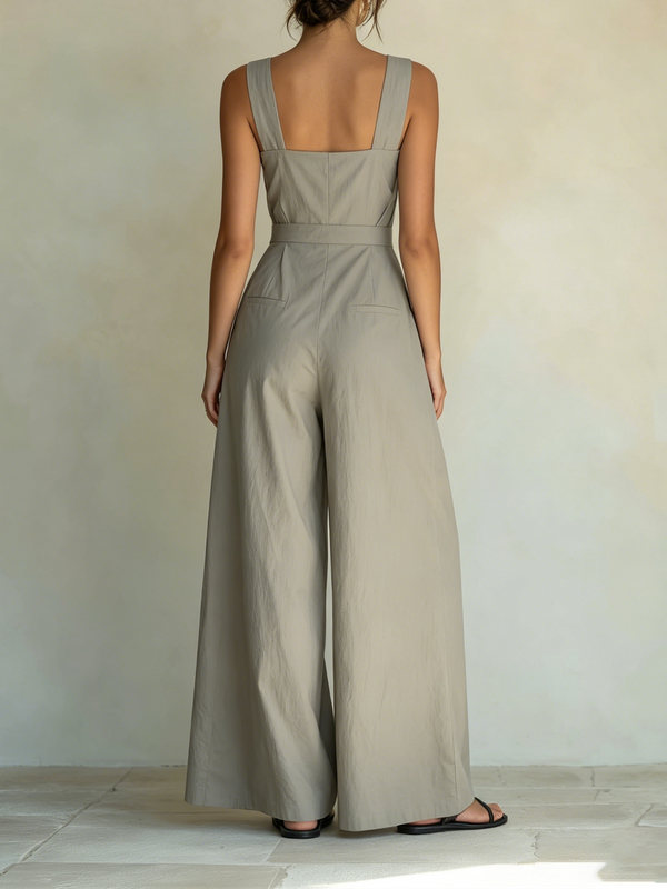 Women’s Gray Resort Cotton Blend Square Neck Sleeveless Regular Full-Length Wide-Leg Overall Jumpsuit with Button Belt