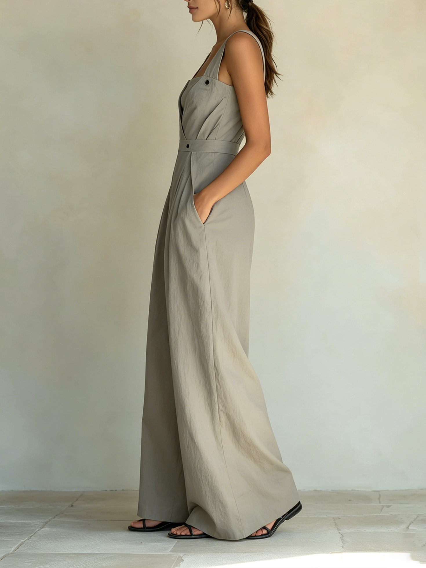 Women’s Gray Resort Cotton Blend Square Neck Sleeveless Regular Full-Length Wide-Leg Overall Jumpsuit with Button Belt