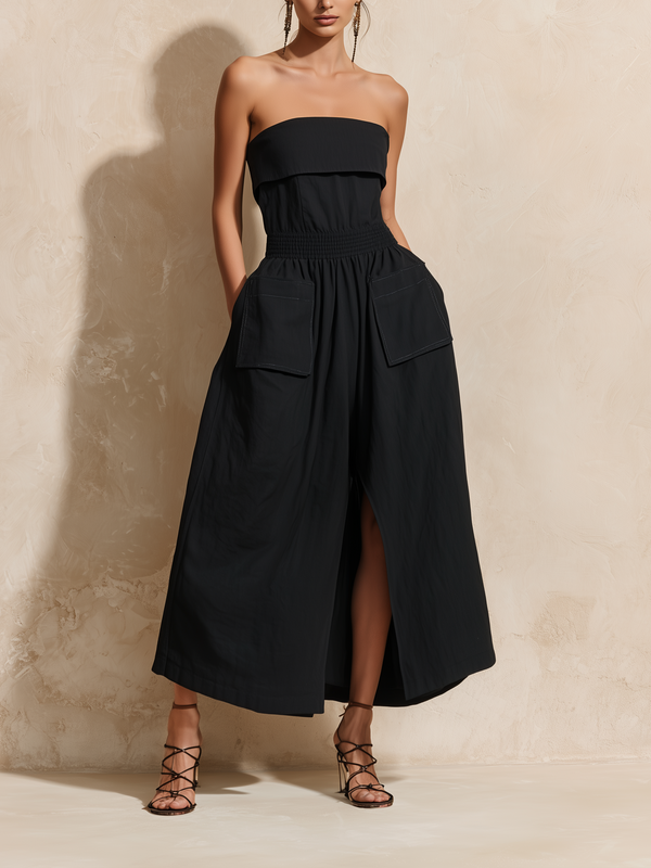 Women’s Black Utility Cotton Blend Strapless Sleeveless Regular Midi Dress with Cargo Pockets and Front Split