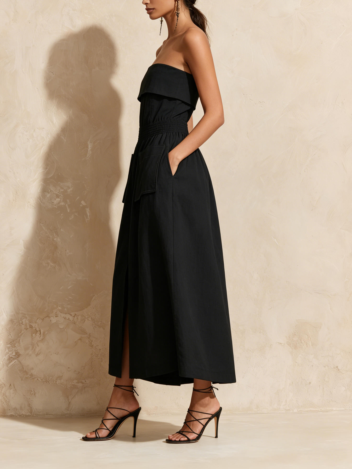 Women’s Black Utility Cotton Blend Strapless Sleeveless Regular Midi Dress with Cargo Pockets and Front Split