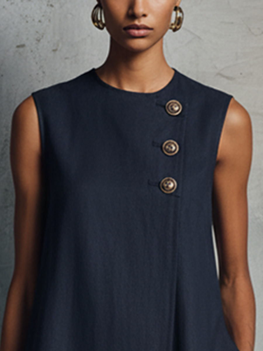 Women’s Blue Khaki and White Minimalist Linen Round-Neck Sleeveless Relaxed Mini Daily Dress