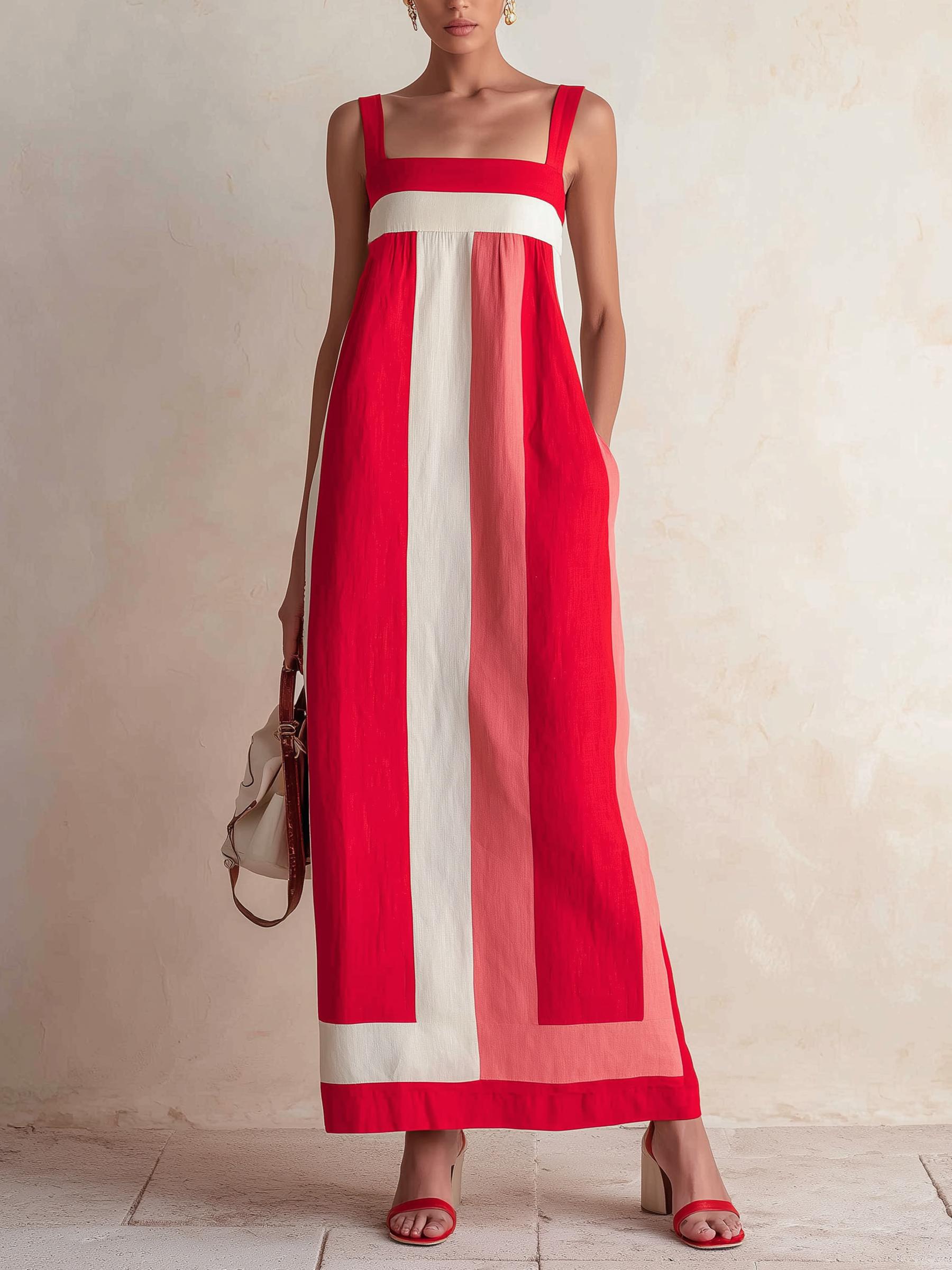 Women’s Red Pink White Resort Linen Blend Square Neck Spaghetti Strap Loose Maxi Dress with Color Block Design