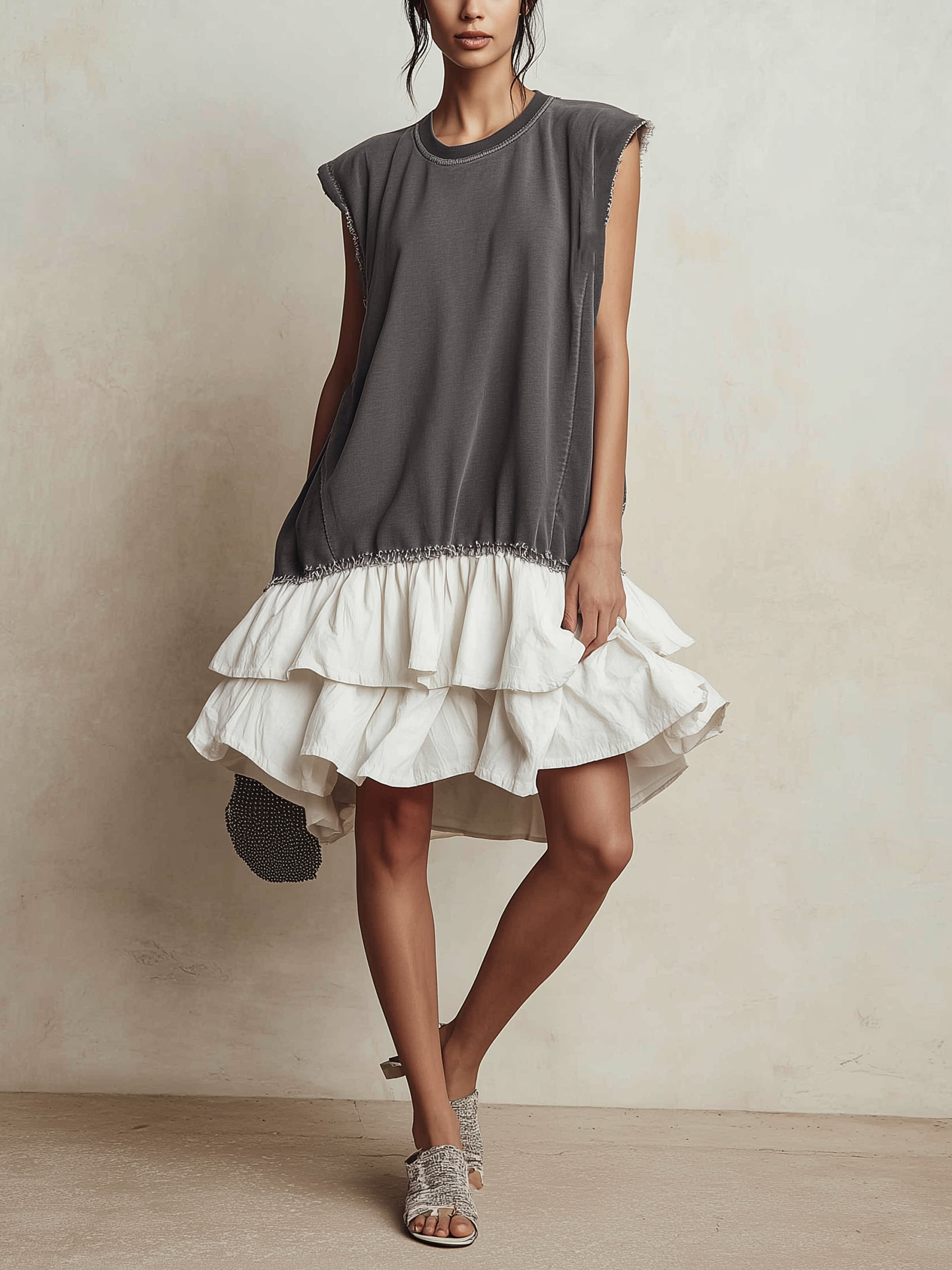 Contrast Raw Edge Tiered Ruffle Hem Sleeveless Mini Dress | Color Block Casual Loose Fit Vacation Dress